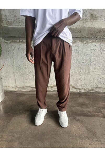 KağanKY Brown Pleated Modal Fabric Boyfriend Pants