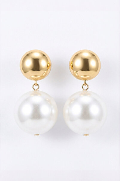 LYKOS Women's Gold Steel Pearl Detailed White Color Ball Earrings