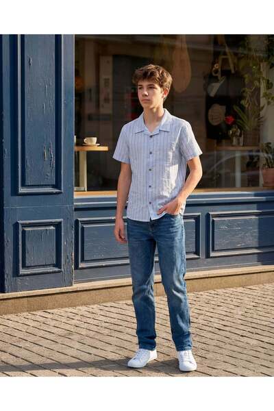 REDTAG Senior Boys Sky Blue Needle Stripe Casual Shirt