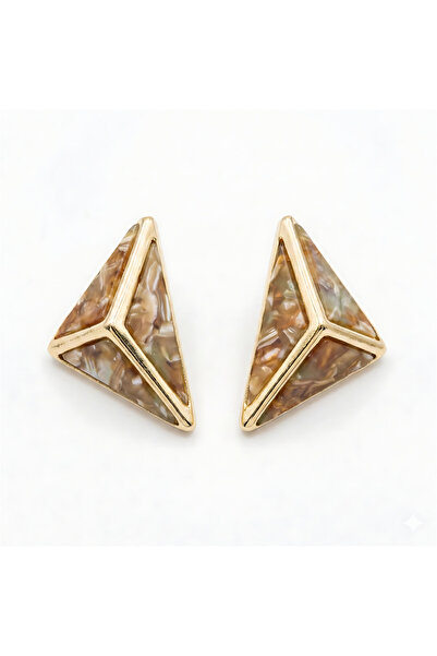 Pelin Aksesuar Kahve-Ekru Mermer Desenli Üçgen Küpe