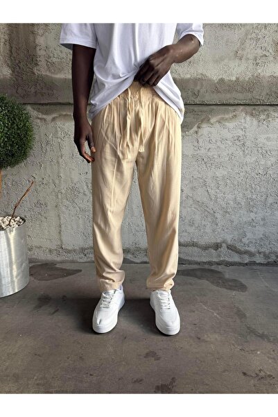 KağanKY Beige Pleated Boyfriend Linen Trousers