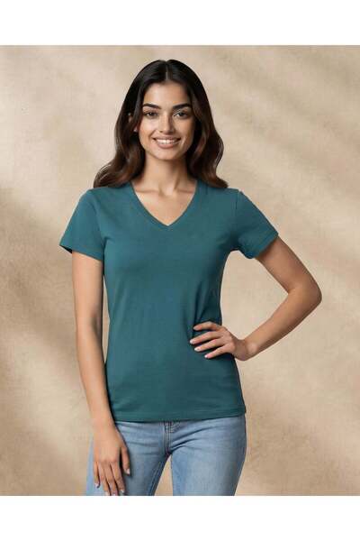 REDTAG Women Green Short Sleeve V-Neck T-Shirt