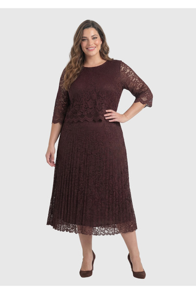 LİLAS XXL Büyük Beden Kahve Renkli Dantel Elbise