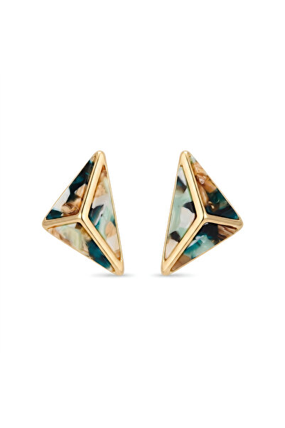 Pelin Aksesuar Green-Beige Patterned Geometric Pyramid Earrings