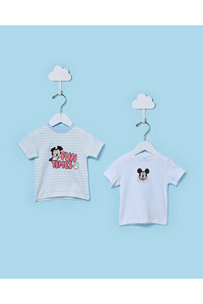 REDTAG تيشيرت للأطفال الرضع، عبوة من قطعتين، لون كريمي وأزرق، مطبوع ميكي ماوس
