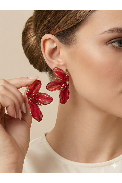 Pelin Aksesuar Bordo Tül Detaylı ve Kristal Taşlı Çiçek Küpe