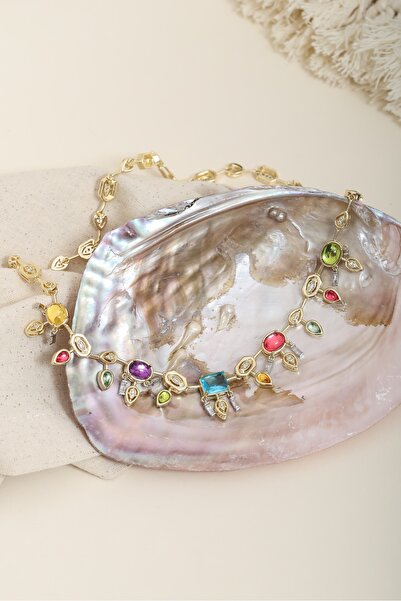 TAUFİE Calista Prism Altın Renk Kaplama Çelik Kadın Kolye – Renkli Taşlı Şık ...