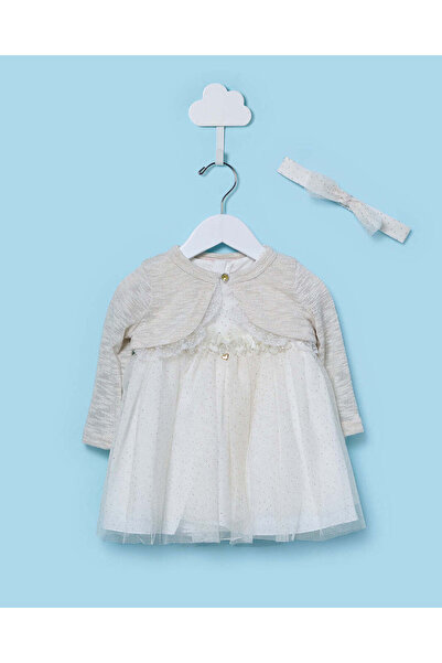 REDTAG فستان شبكي عاجي اللون للفتيات الصغيرات مع شال ذهبي وعصابة رأس