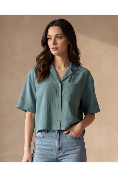 REDTAG Women Blue Button Front Short Sleeve Shirt