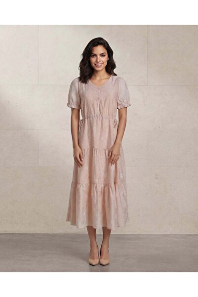 REDTAG Women Pink Plain Tiered Dress With Drawstring At Waist