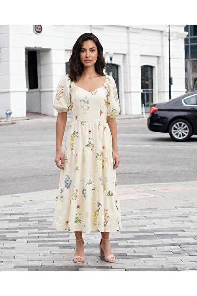 REDTAG فستان نسائي أصفر مطبوع بأكمام منفوخة وطبقات