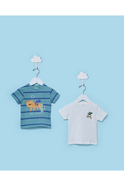 REDTAG Infant Boys Blue And Beige Printed 2 Pack T Shirt