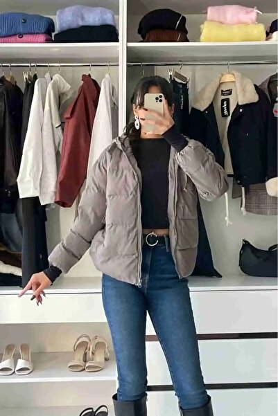 Tmptekstil Hooded Double Pocket Detail Short Coat - Mink Vison