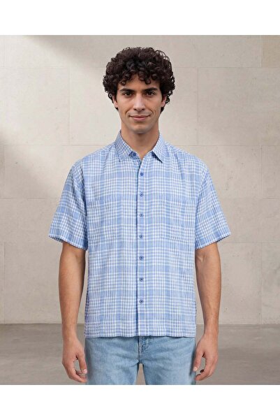 REDTAG Men Blue Check Seersucker Shirt