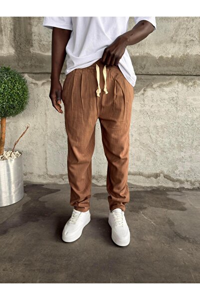 KağanKY Brown Pleated Boyfriend Linen Trousers