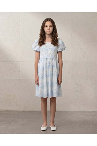 REDTAG Senior Girls White And Blue Embroidery Puff sleeve Dress