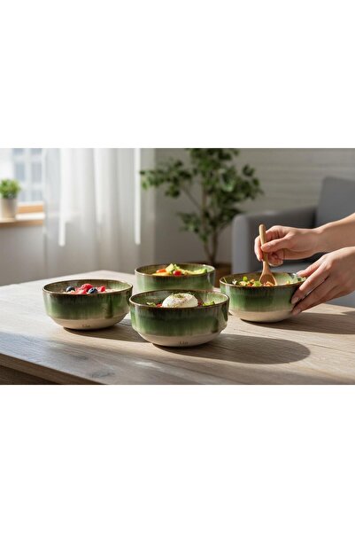 Lia Porselen 4'lü Granola ve Salata Kase Seti 14 cm Yeşil Akıtma File