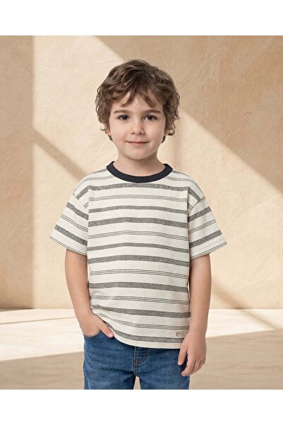 REDTAG Boys Ivory And Black Waffle Striped T Shirt