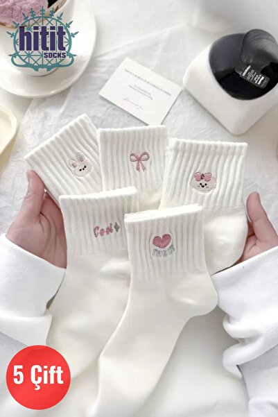 Hitit Socks Kadın 5 Çift Premium Desenli Sevimli Hayvan ve Fiyonklu Kısa Konç...