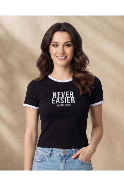 REDTAG Women Black Contrast Rib T Shirt