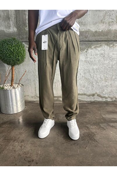 KağanKY Khaki Pleated Modal Fabric Boyfriend Pants