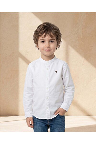 REDTAG Boys White Dobby Mandarin Collar Long Sleeve Shirt