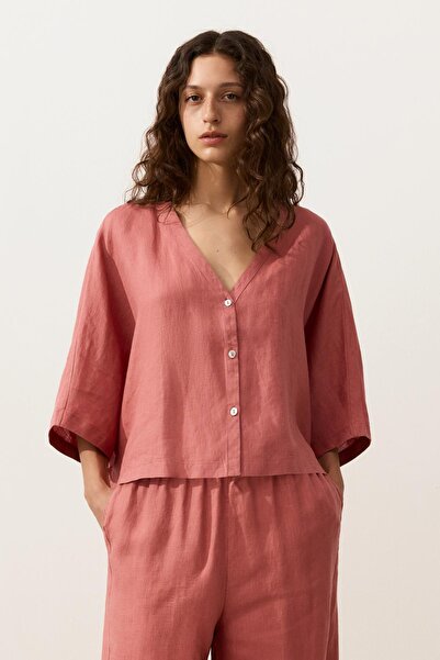 Oysho %100 keten kısa kollu gömlek