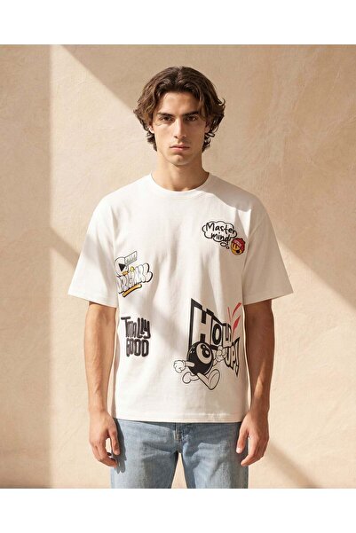 REDTAG تي شيرت رجالي عاجي مطبوع قماش إنترلوك