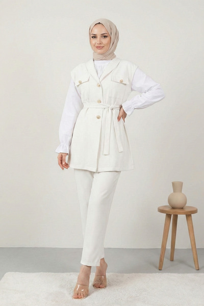 Kirazgym Women's Vest Blouse Trousers 3-Piece Set Combination - Ecru