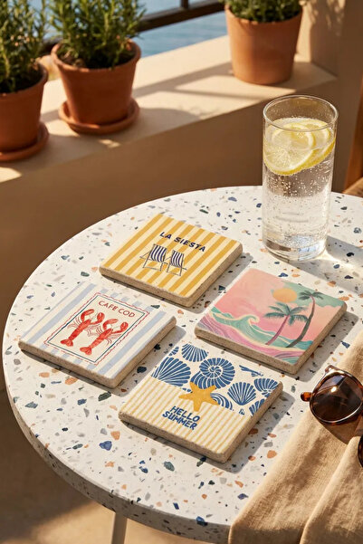 Baumatelier Hello Summer Themed Natural Stone Travertine Coasters Stone Coast...