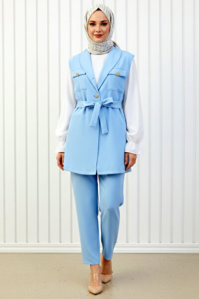 Kirazgym Women's Vest Blouse Trousers 3-Piece Set Combination - Baby Blue