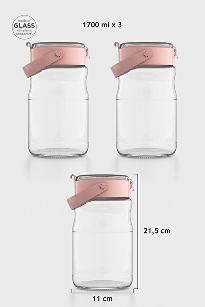 Renga Mono 1700 ml Set of 3 Glass Jars with Pink Lids 131072