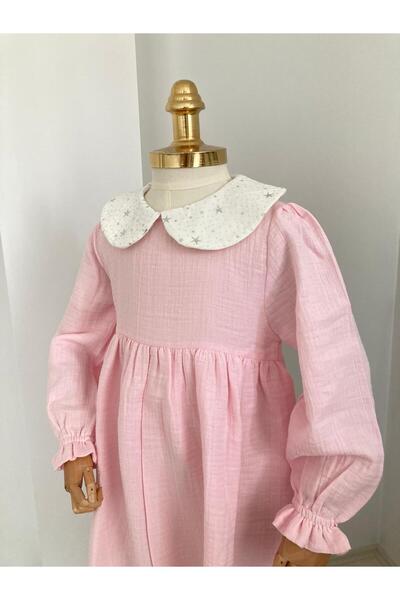 UHDE STORE Girl's Star Pink Hijab Muslin Dress Ceremonial Dress Umrah Dress