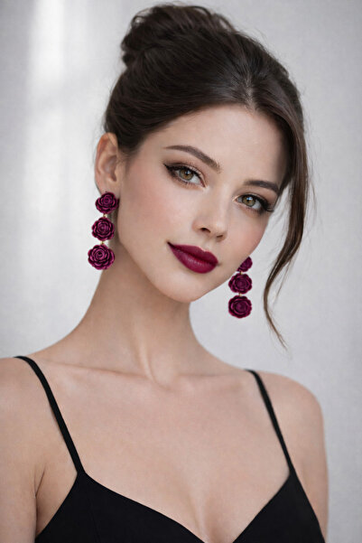 Atölye Myth Plum Love El Yapımı Mürdüm Renkli Sallantılı Özel Tasarım Gül Küp...