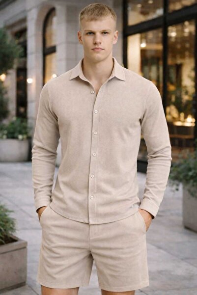 BRLKN Мъжки комплект от риза с дълъг ръкав и шорти от османска материя