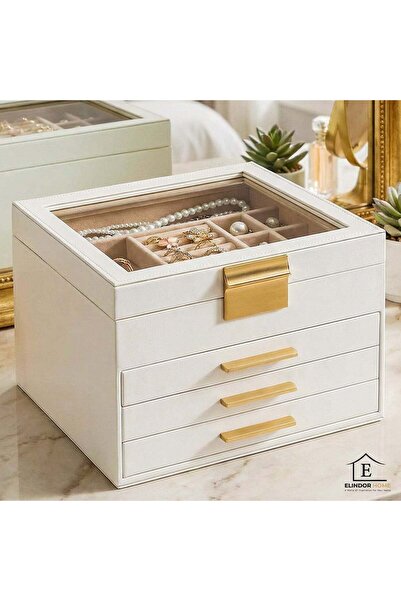 Elindor ® Jewelry Box with Lid, 4-Tier Organizer, 3x Drawers, Ring Storage Sp...