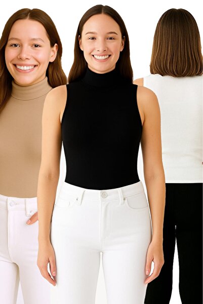 Tuess Women's Zero Sleeve High Neck Bodysuit 3-Piece Set