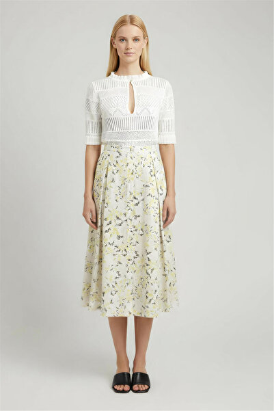 Perspective Sarı Çiçek Detaylı Yüksek Bel Midi Etek