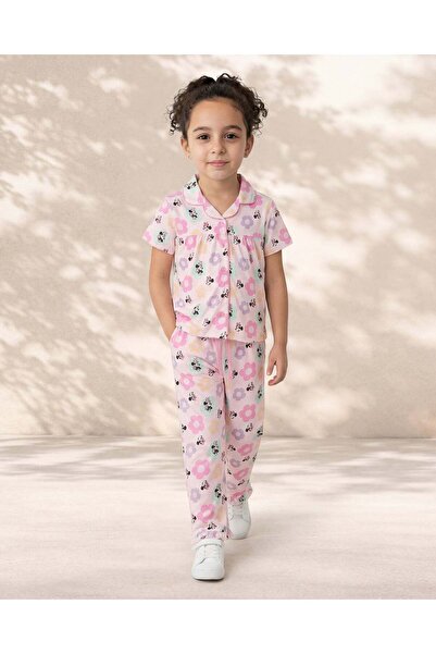 REDTAG Girls Pink Floral Front Open Pyjama Set