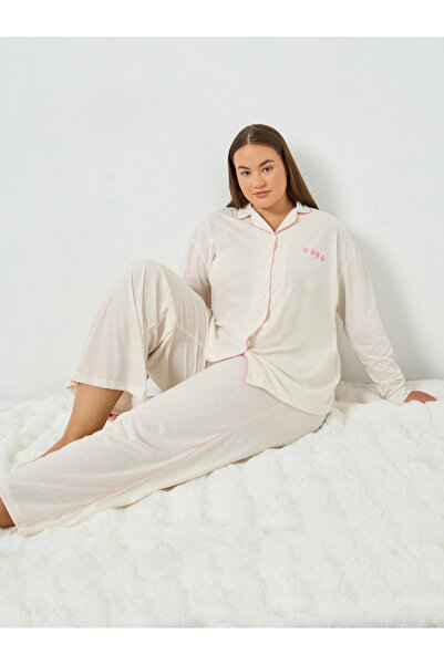 Styli Plus Size Cream Heart Printed Shirt and Pyjama Set
