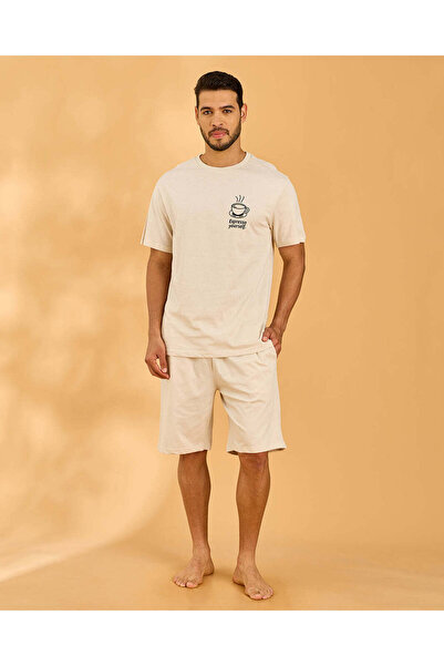 REDTAG Men Ivory Placement Print T-Shirt & Shorts Pyjama Set