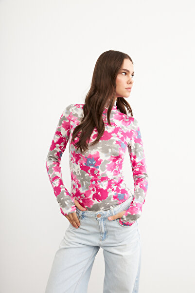 Yefrastore Women's Gray Pink Floral Patterned Body Suit with Finger Detail