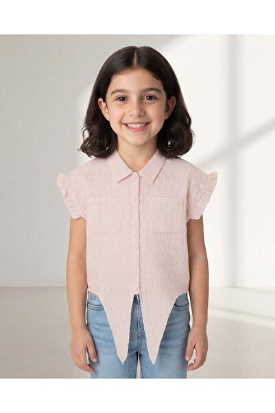 REDTAG بلوزة بناتي وردية اللون بأزرار أمامية بنقشة الدوبي