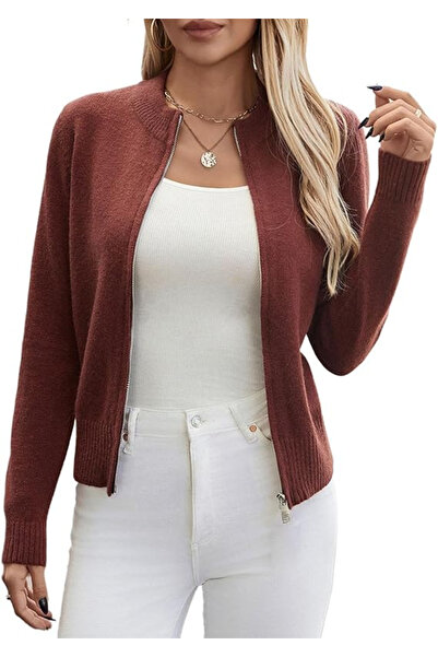 YUTILA Women's long-sleeved loose knit cardigan, burgundy M