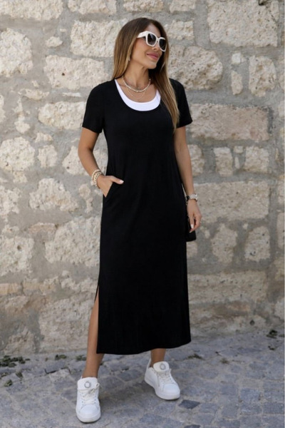 JANES Women's Short-Sleeved, Athlete-Looking, Long Viscose Black Dress with S...