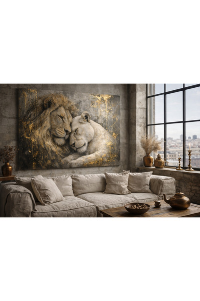My canvas Aslan Çifti Altın Efektli Kanvas Tablo – Modern Loft Dekorasyon Çer...