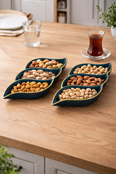 Hilamingo Home 2 Adet Gold Yaldızlı Çerezlik ,3 Bölmeli Kahvaltılık Yeşil Renk