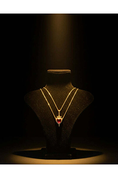 LEO Gold Kırmızı Kalp ve Kılıç Çift Kolyesi