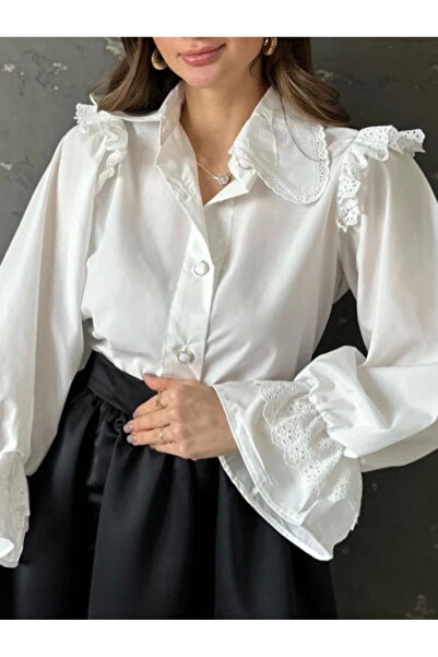 bysoca Women's White Retro Wide Collar Scallop Embroidery Ruffle Long Balloon...