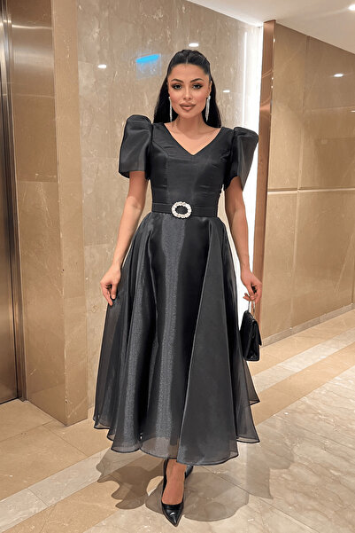 giyimmasalı Organze Şifon Kumaş Kısa Kol Midi Boy Elbise - SİYAH